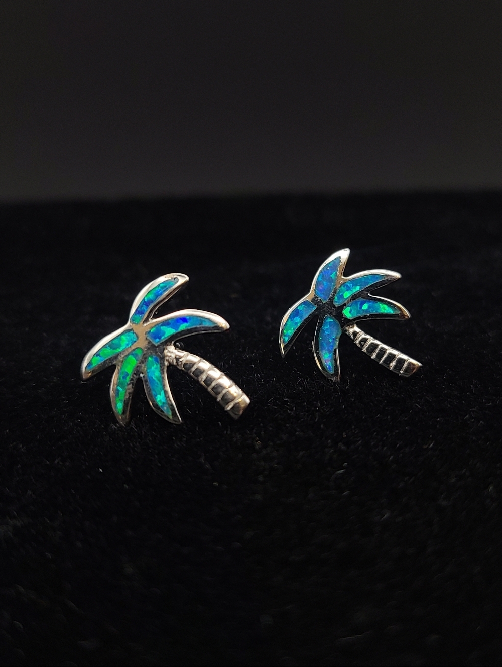 Sterling Palm Tree Opal Stud Earrings - Blue/Green